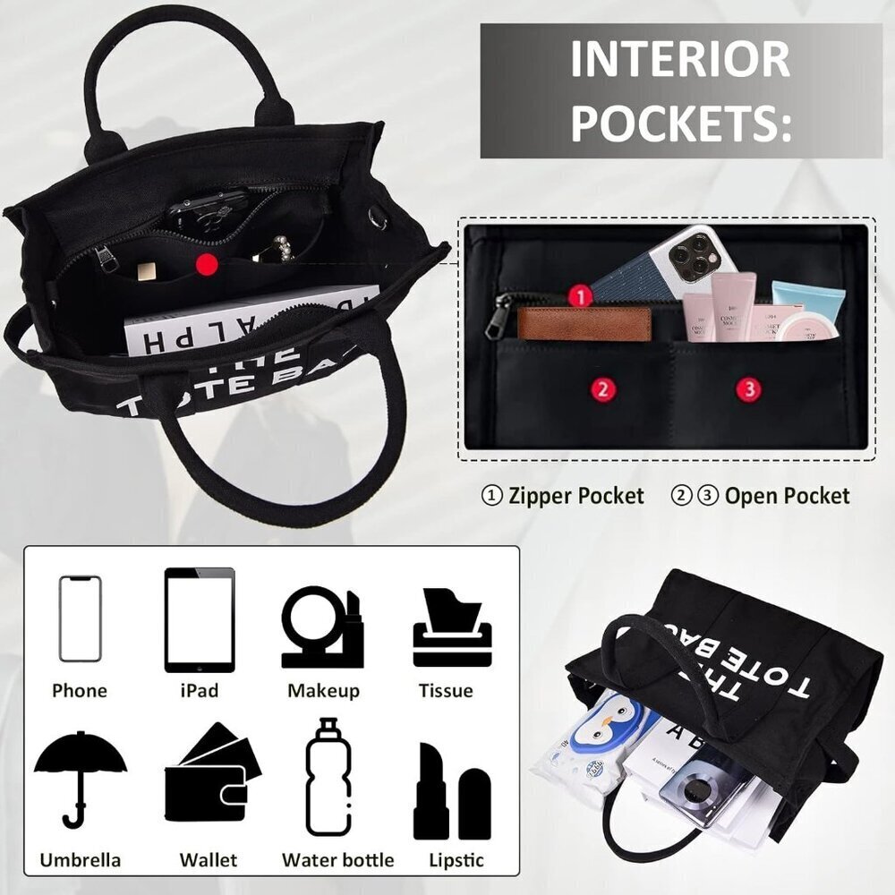 Women Black Personalized Canvas Crossbody Tote Bags with Zipper Mini Top-Handle - Picture 6 of 7